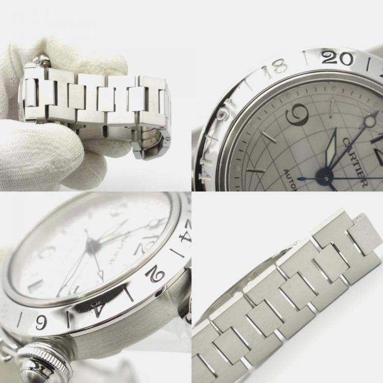 Pre Owned Cartier Pasha C GMT W31078M7 Automatic Silver Stainless Steel Men's Wristwatch 35 mm