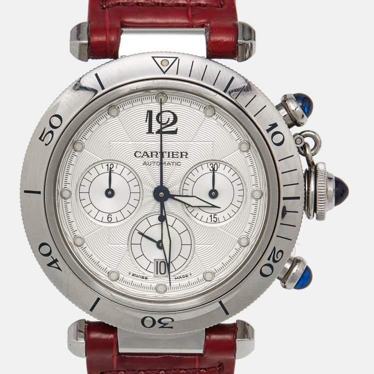 Pre Owned Cartier Silver Stainless Steel Leather Pasha de Cartier  2113 Men's Wristwatch 38 mm 