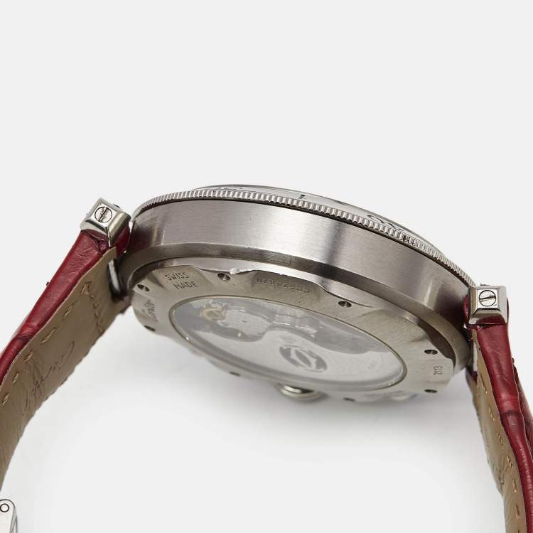 Pre Owned Cartier Silver Stainless Steel Leather Pasha de Cartier  2113 Men's Wristwatch 38 mm 