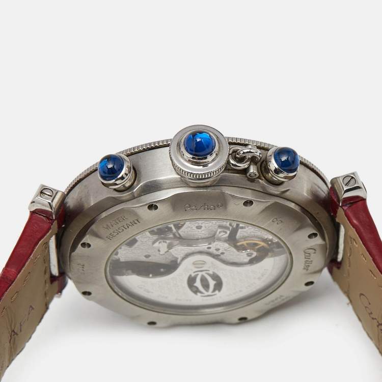 Pre Owned Cartier Silver Stainless Steel Leather Pasha de Cartier  2113 Men's Wristwatch 38 mm 