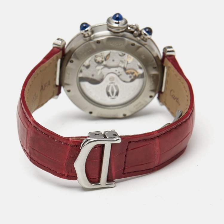 Pre Owned Cartier Silver Stainless Steel Leather Pasha de Cartier  2113 Men's Wristwatch 38 mm 