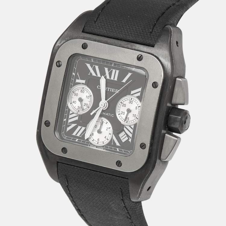 Pre Owned Cartier Black Titanium Stainless Steel Calf Leather Santos 100 XL W2020005 Men's Wristwatch 41 mm 
