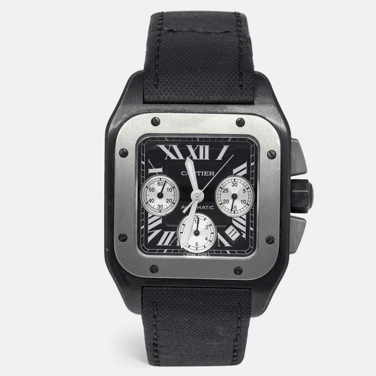 Pre Owned Cartier Black Titanium Stainless Steel Calf Leather Santos 100 XL W2020005 Men's Wristwatch 41 mm 