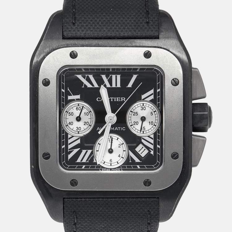 Pre Owned Cartier Black Titanium Stainless Steel Calf Leather Santos 100 XL W2020005 Men's Wristwatch 41 mm 