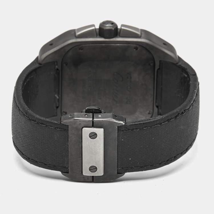 Pre Owned Cartier Black Titanium Stainless Steel Calf Leather Santos 100 XL W2020005 Men's Wristwatch 41 mm 