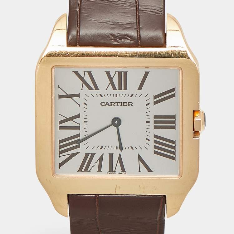 Pre Owned Cartier Santos Dumont W2006951 Manual Winding Silver Dial 18K Rose Gold Alligator Leather Men's Wristwatch 35 mm