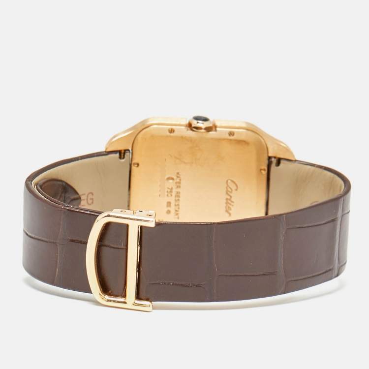 Pre Owned Cartier Santos Dumont W2006951 Manual Winding Silver Dial 18K Rose Gold Alligator Leather Men's Wristwatch 35 mm