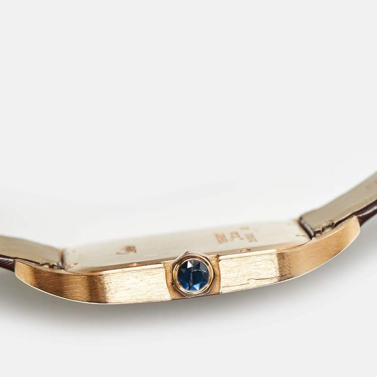 Pre Owned Cartier Santos Dumont W2006951 Manual Winding Silver Dial 18K Rose Gold Alligator Leather Men's Wristwatch 35 mm