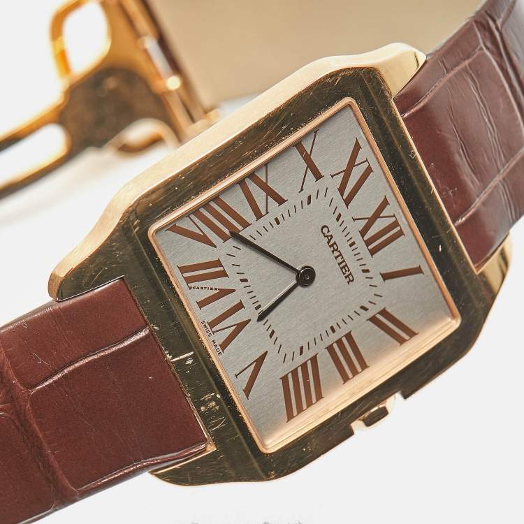 Pre Owned Cartier Santos Dumont W2006951 Manual Winding Silver Dial 18K Rose Gold Alligator Leather Men's Wristwatch 35 mm