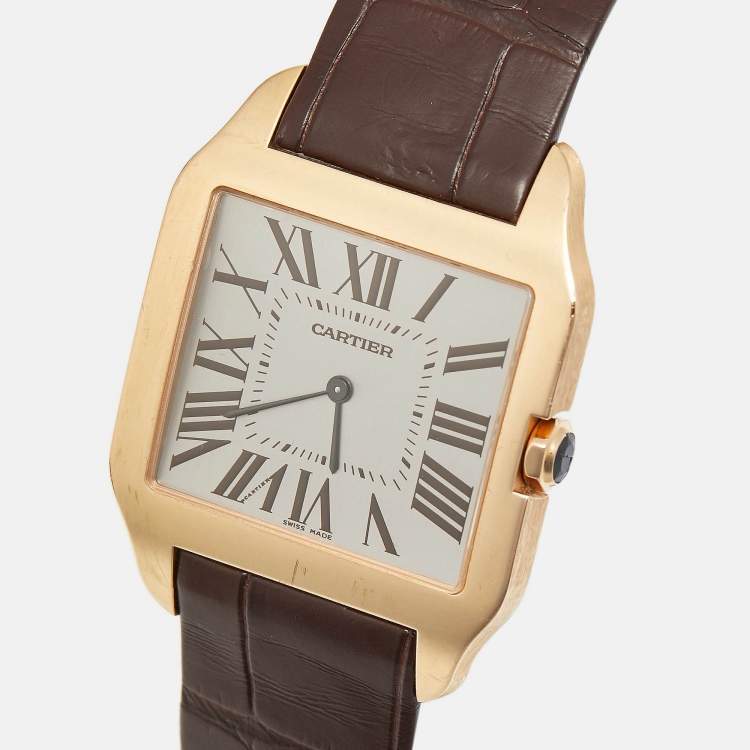 Pre Owned Cartier Santos Dumont W2006951 Manual Winding Silver Dial 18K Rose Gold Alligator Leather Men's Wristwatch 35 mm