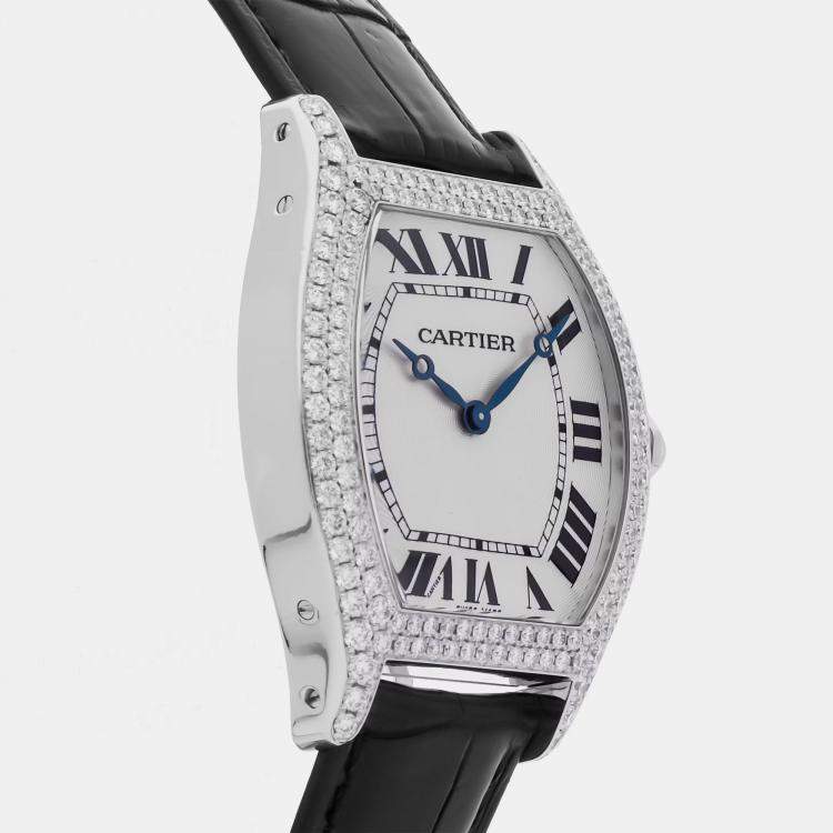 Pre Owned Cartier Tortue WA503851 Manual Winding Silver Dial 18k White Gold Women's Wristwatch 34mm