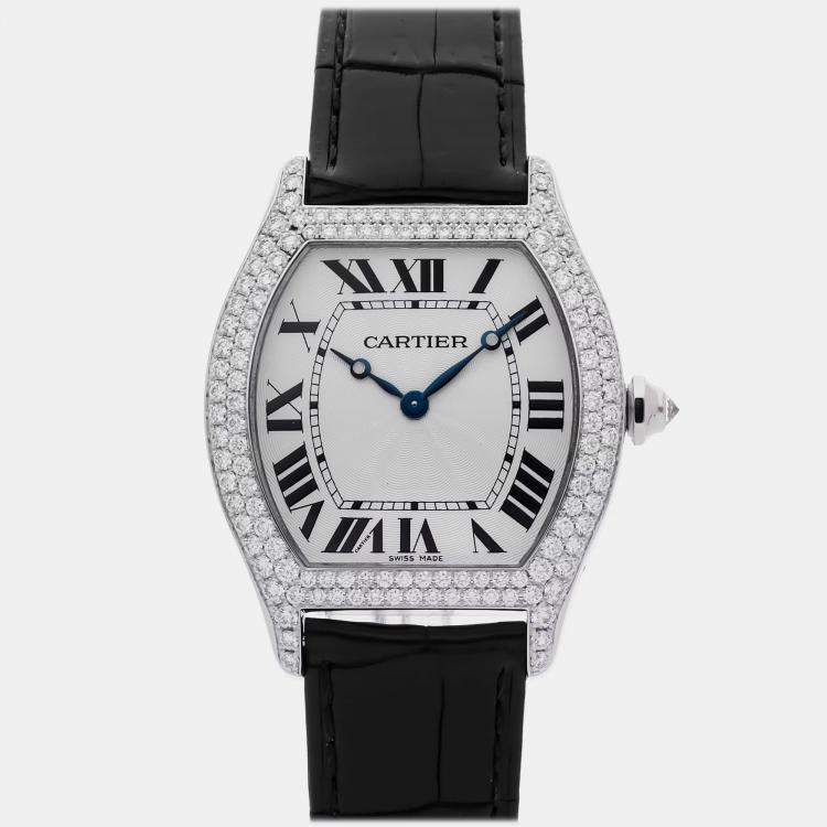 Pre Owned Cartier Tortue WA503851 Manual Winding Silver Dial 18k White Gold Women's Wristwatch 34mm