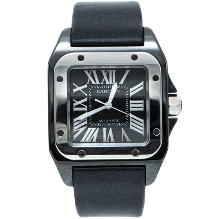 cartier santos 100 mens black leather strap watch