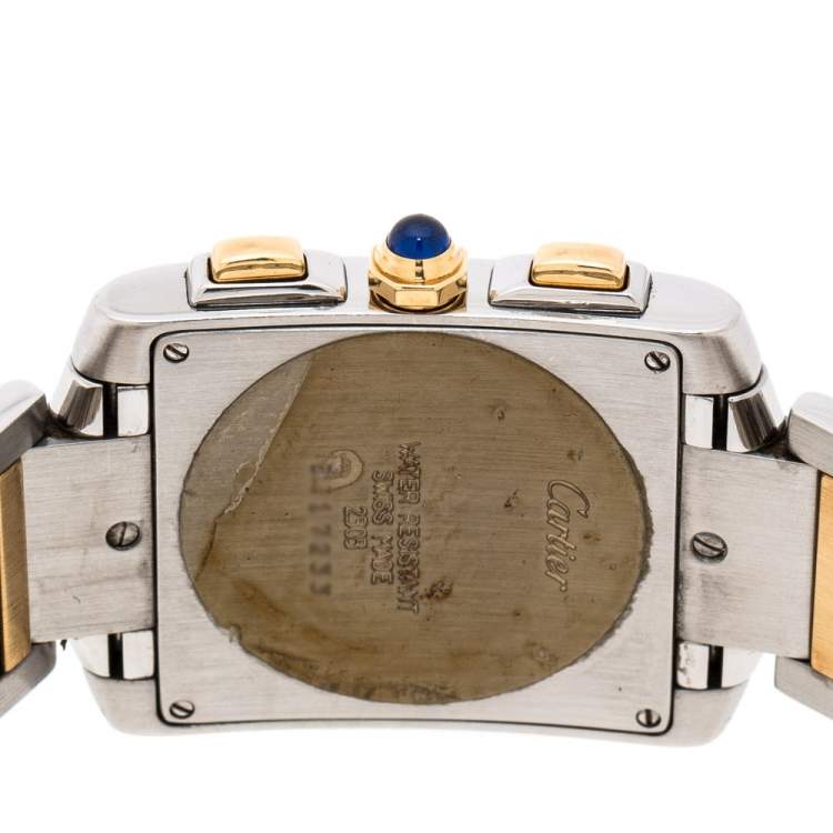 Pre Owned Cartier Cream 18K Yellow Gold Stainless Steel Tank Francaise Chronoflex 2303 Men's Wristwatch 28 mm