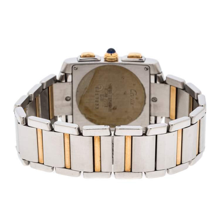 Pre Owned Cartier Cream 18K Yellow Gold Stainless Steel Tank Francaise Chronoflex 2303 Men's Wristwatch 28 mm