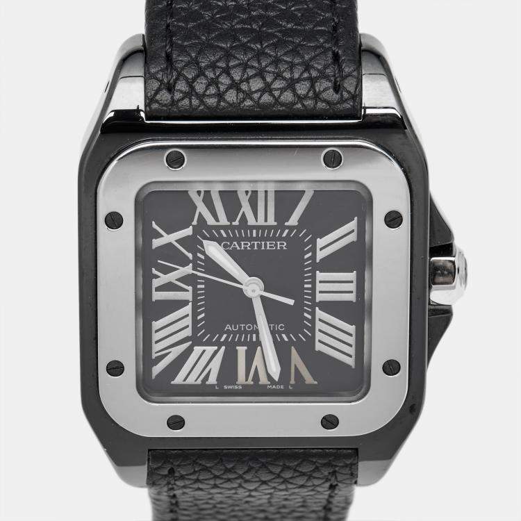 Pre Owned Cartier Black Ceramic Santos 100 Calfskin Leather 2878 Men's Wristwatch 33 mm