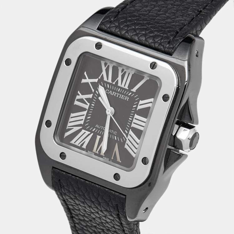Pre Owned Cartier Black Ceramic Santos 100 Calfskin Leather 2878 Men's Wristwatch 33 mm