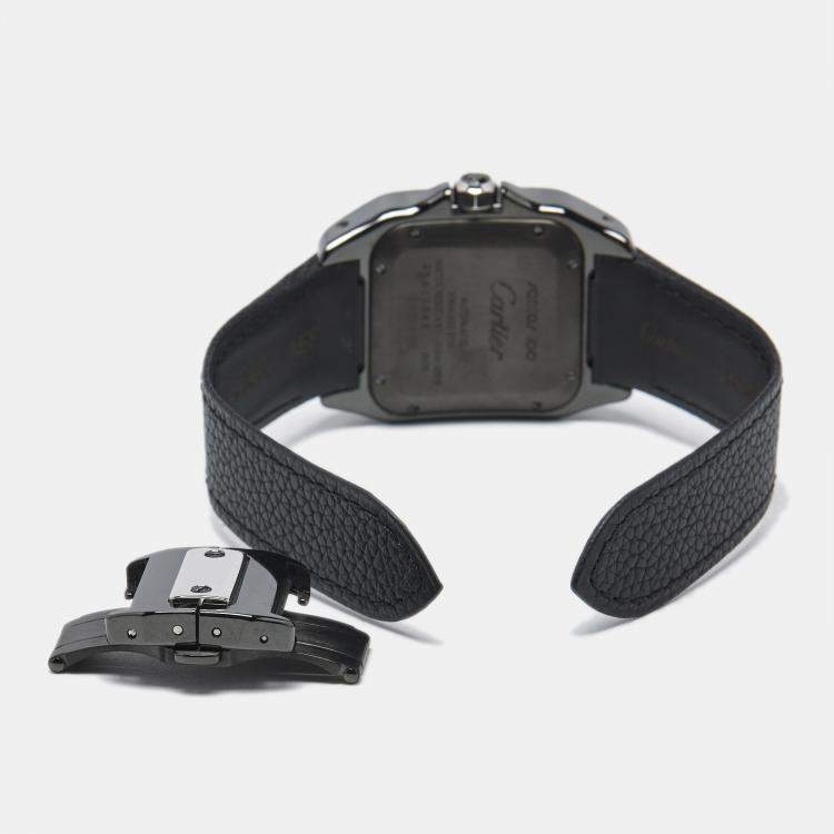 Pre Owned Cartier Black Ceramic Santos 100 Calfskin Leather 2878 Men's Wristwatch 33 mm