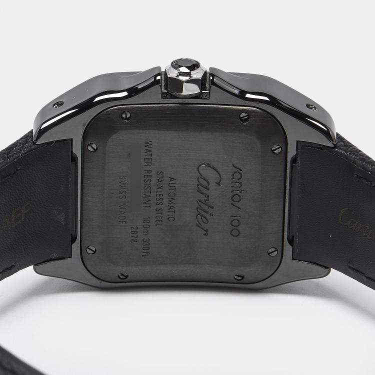 Pre Owned Cartier Black Ceramic Santos 100 Calfskin Leather 2878 Men's Wristwatch 33 mm