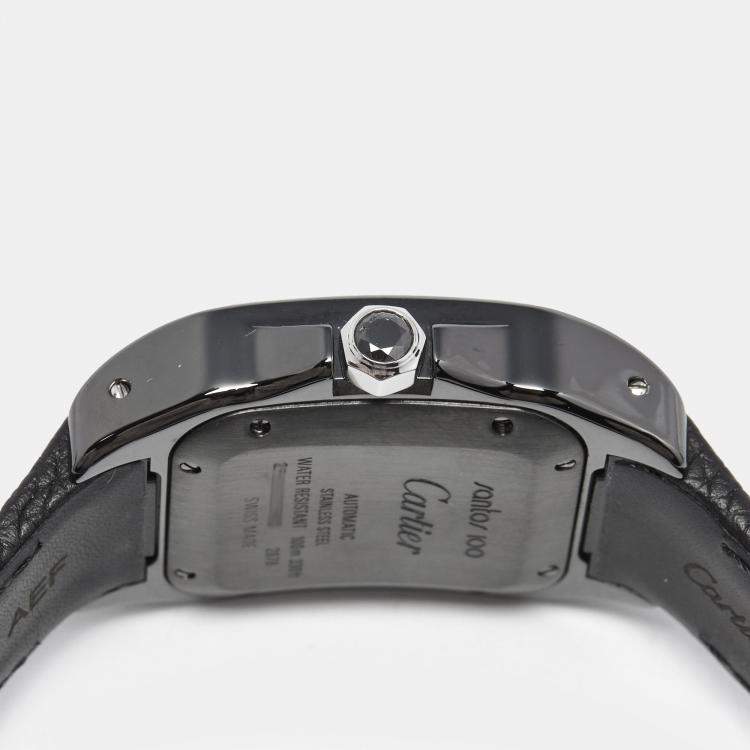 Pre Owned Cartier Black Ceramic Santos 100 Calfskin Leather 2878 Men's Wristwatch 33 mm