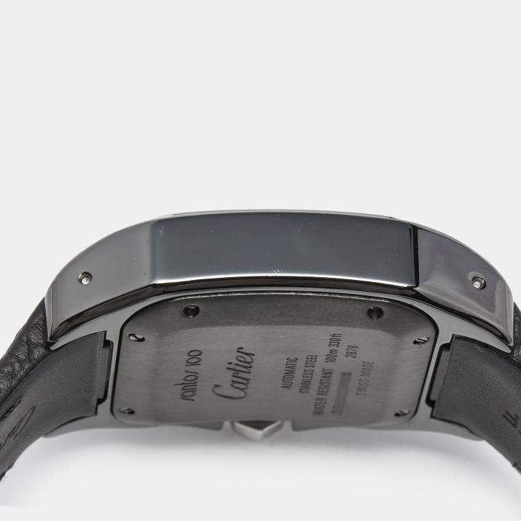 Pre Owned Cartier Black Ceramic Santos 100 Calfskin Leather 2878 Men's Wristwatch 33 mm