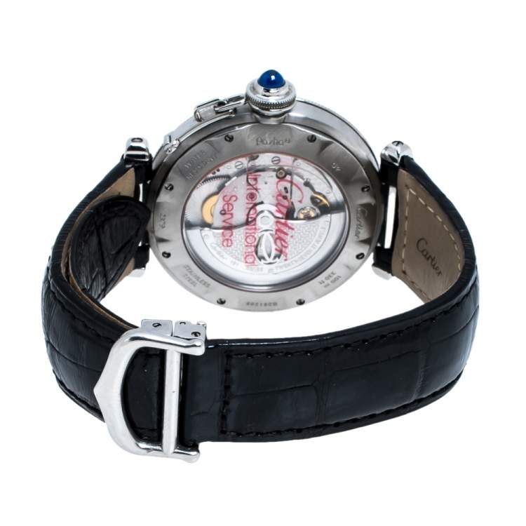 Pre Owned Cartier Silver Stainless Leather Steel Pasha de Cartier 2374 Men's Wristwatch 38 mm