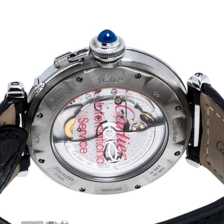 Pre Owned Cartier Silver Stainless Leather Steel Pasha de Cartier 2374 Men's Wristwatch 38 mm