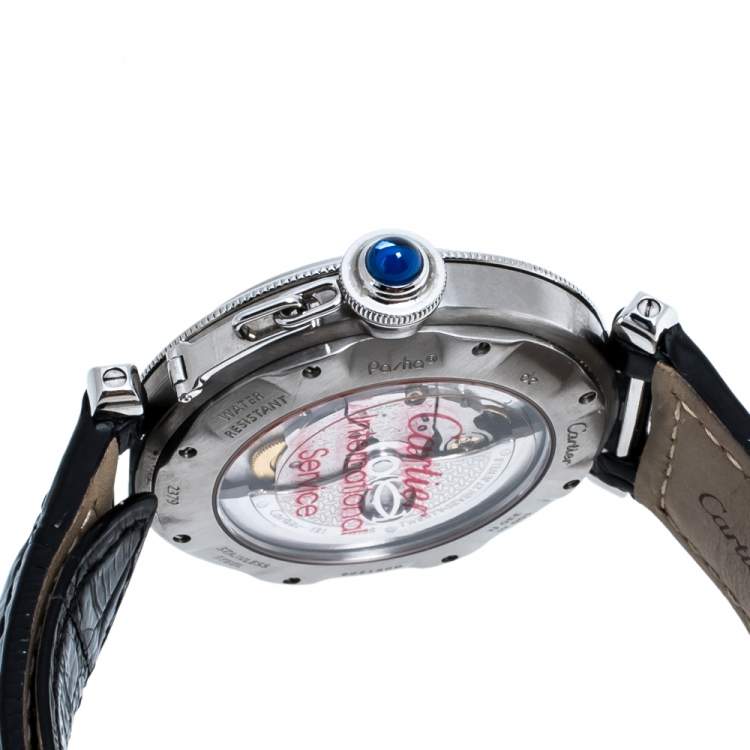 Pre Owned Cartier Silver Stainless Leather Steel Pasha de Cartier 2374 Men's Wristwatch 38 mm