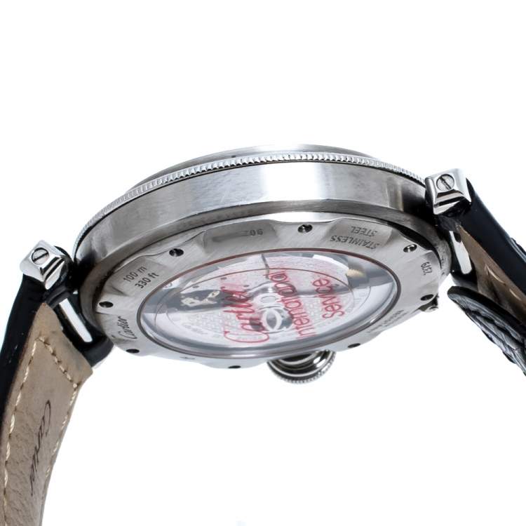 Pre Owned Cartier Silver Stainless Leather Steel Pasha de Cartier 2374 Men's Wristwatch 38 mm