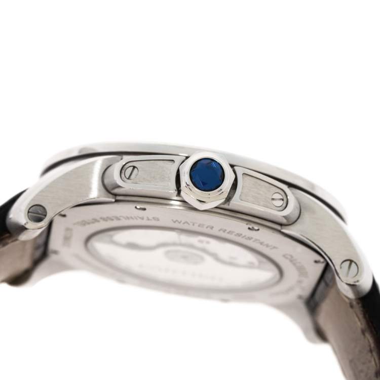 Pre Owned Cartier Silver Stainless Leather Steel Calibre de Cartier 3389 Men's Wristwatch 42 mm