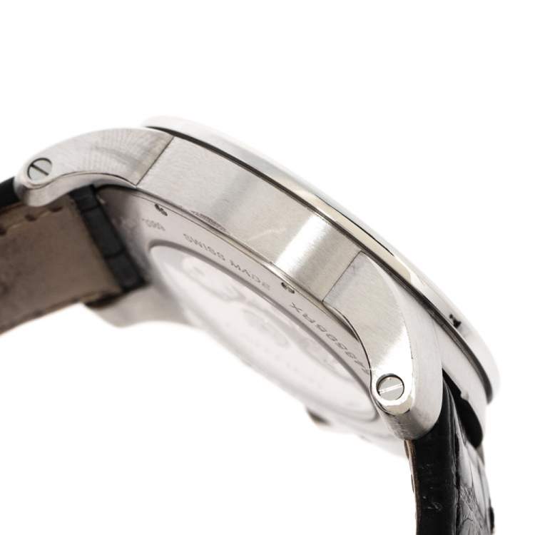 Pre Owned Cartier Silver Stainless Leather Steel Calibre de Cartier 3389 Men's Wristwatch 42 mm