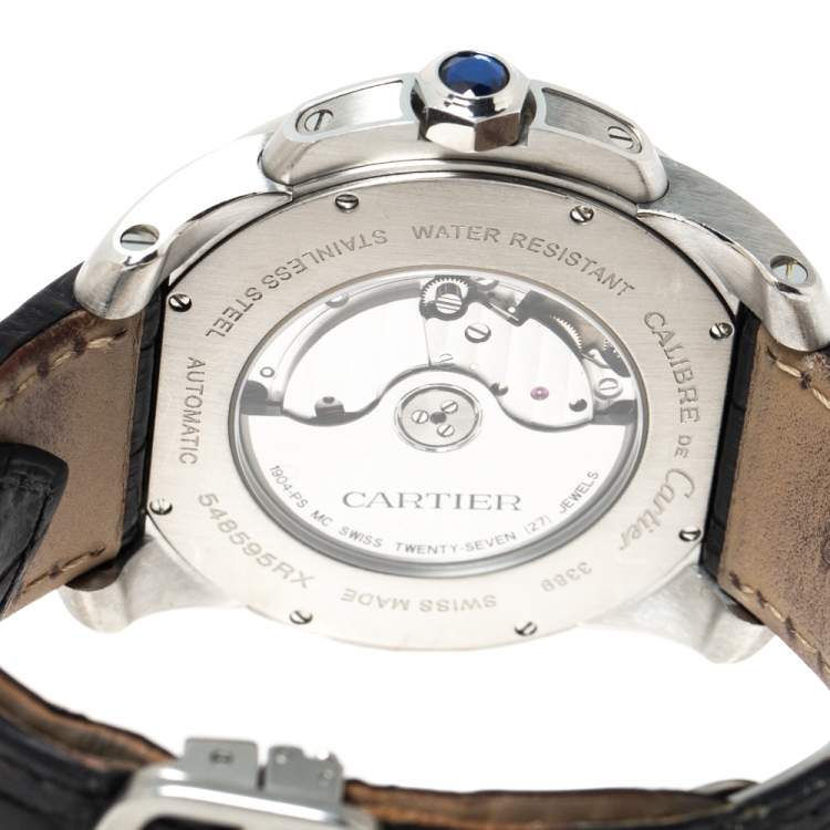 Pre Owned Cartier Silver Stainless Leather Steel Calibre de Cartier 3389 Men's Wristwatch 42 mm