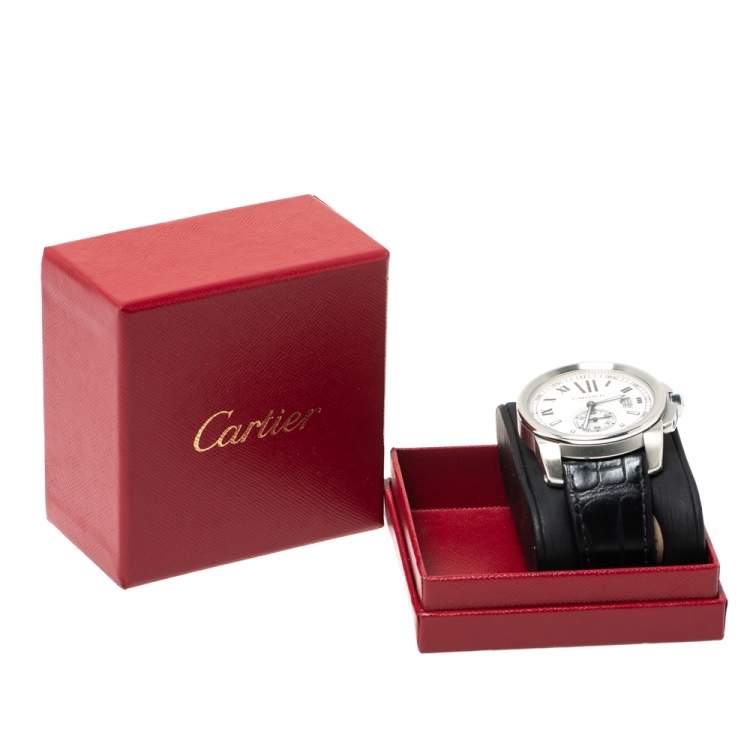 Pre Owned Cartier Silver Stainless Leather Steel Calibre de Cartier 3389 Men's Wristwatch 42 mm
