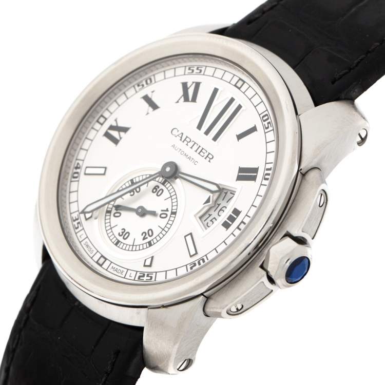 Pre Owned Cartier Silver Stainless Leather Steel Calibre de Cartier 3389 Men's Wristwatch 42 mm