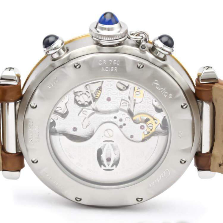 Pre Owned Cartier Silver 18K Yellow Gold And Stainless Steel Pasha Chronograph W3103655 Men's Wristwatch 38 MM