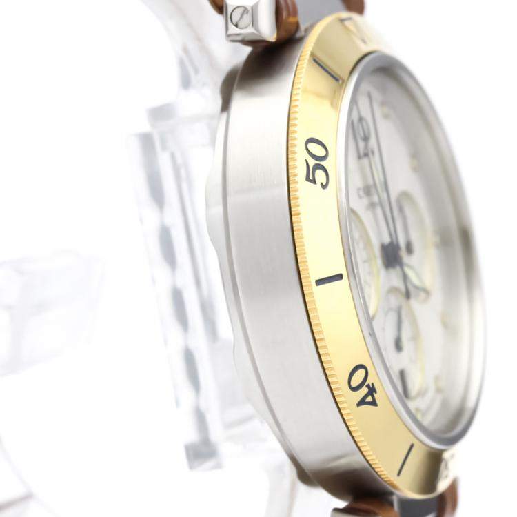 Pre Owned Cartier Silver 18K Yellow Gold And Stainless Steel Pasha Chronograph W3103655 Men's Wristwatch 38 MM