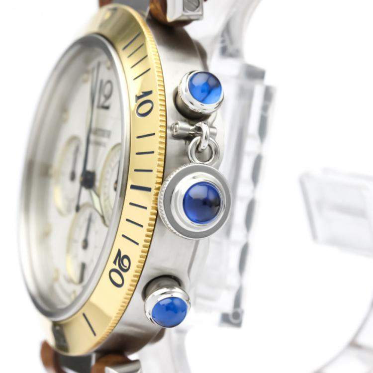 Pre Owned Cartier Silver 18K Yellow Gold And Stainless Steel Pasha Chronograph W3103655 Men's Wristwatch 38 MM