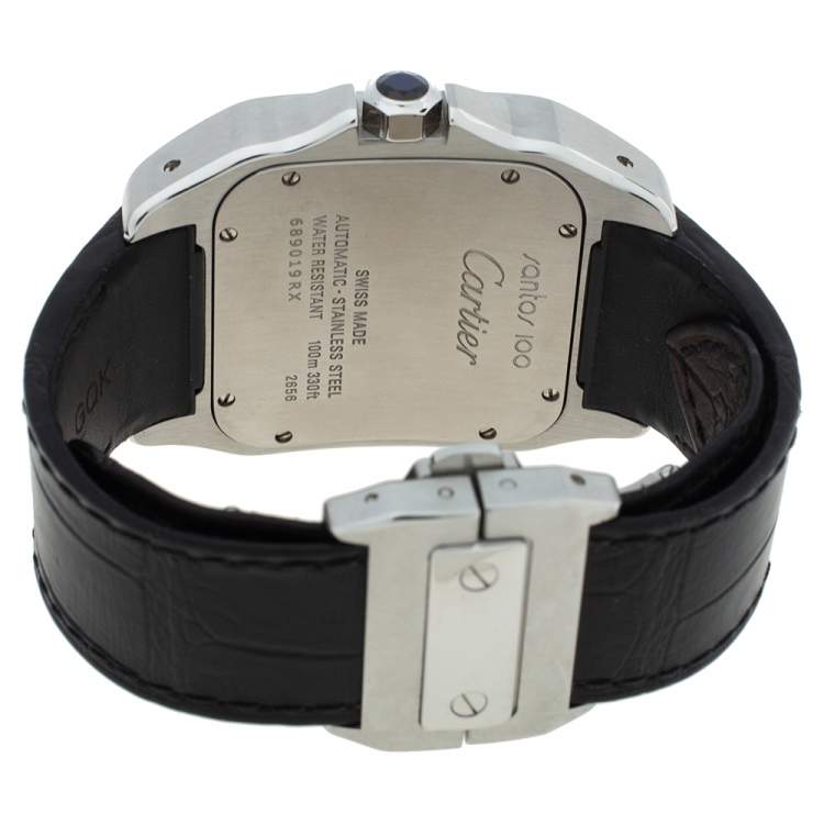 Pre Owned Cartier White Stainless Steel Alligator Leather Santos 100 W20073X8 Men's Wristwatch 38 mm