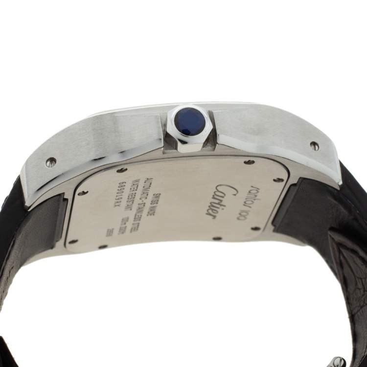 Pre Owned Cartier White Stainless Steel Alligator Leather Santos 100 W20073X8 Men's Wristwatch 38 mm