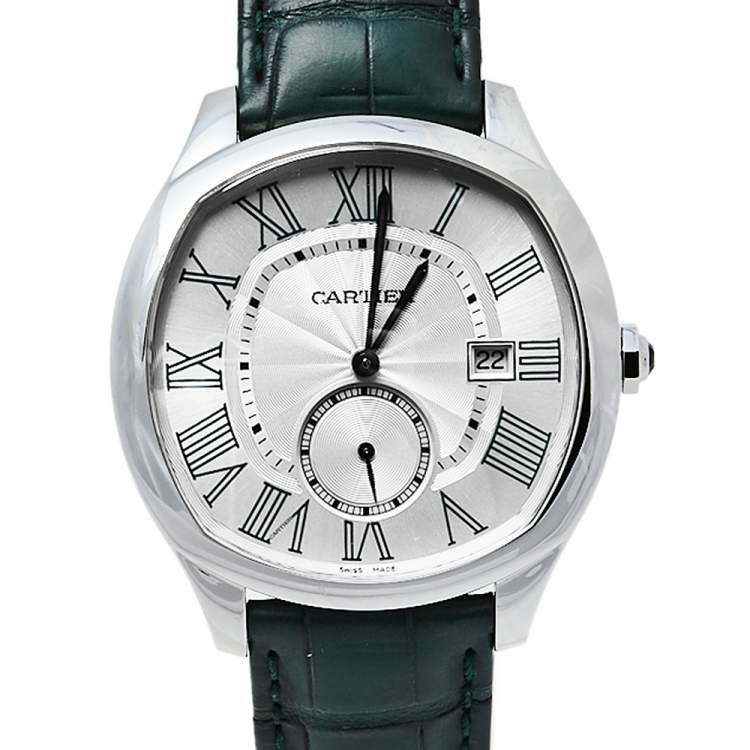 مملوكة مسبقًا Cartier Silver Stainless Steel & Leather Drive De Cartier CRWSNM0010 Men's Wristwatch 41 mm