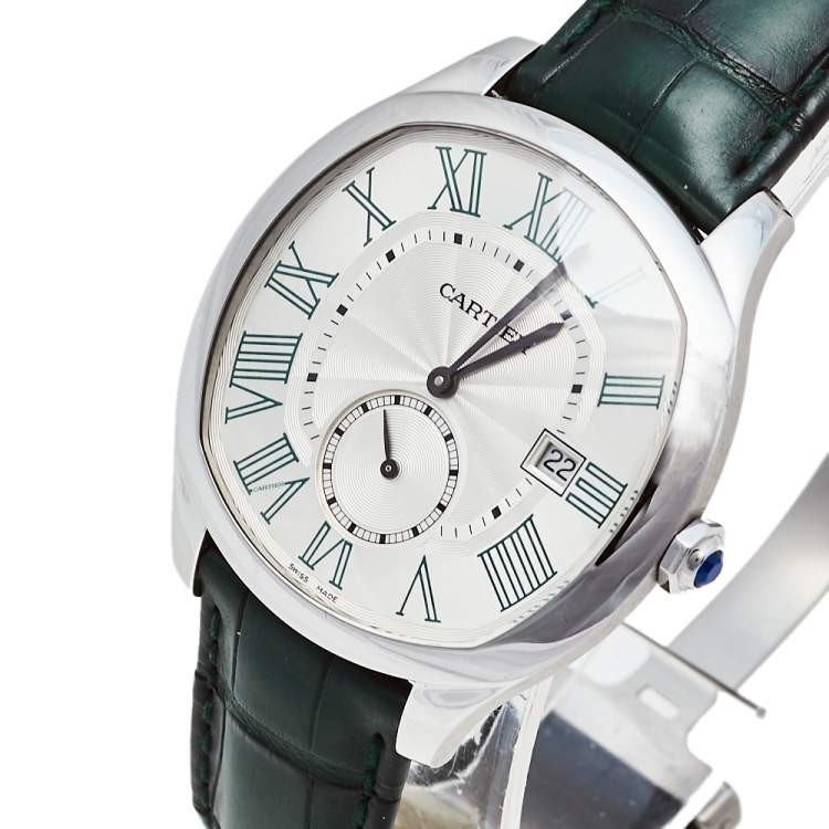 مملوكة مسبقًا Cartier Silver Stainless Steel & Leather Drive De Cartier CRWSNM0010 Men's Wristwatch 41 mm