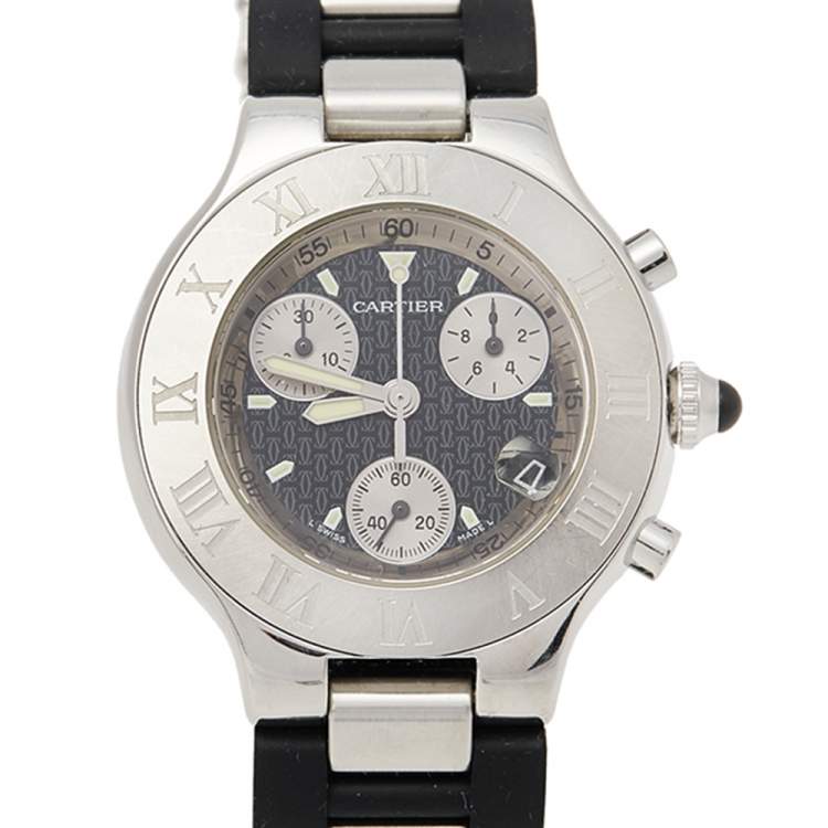 Pre Owned Cartier Black Stainless Steel Rubber Must 21 Chronoscaph 2424 Men's Wristwatch 38 mm
