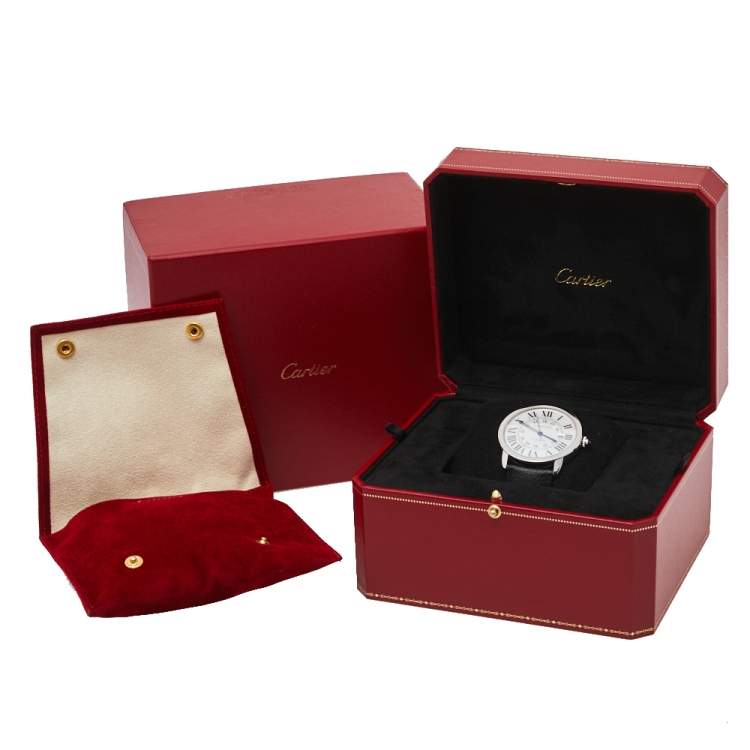 Pre Owned Cartier Silver Stainless Steel Leather Ronde Solo De Cartier 3802 Men's Wristwatch 42 mm