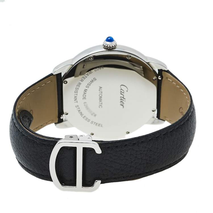 Pre Owned Cartier Silver Stainless Steel Leather Ronde Solo De Cartier 3802 Men's Wristwatch 42 mm