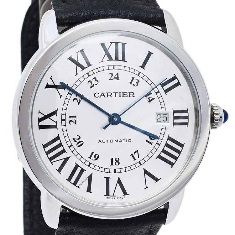Pre Owned Cartier Silver Stainless Steel Leather Ronde Solo De Cartier 3802 Men's Wristwatch 42 mm