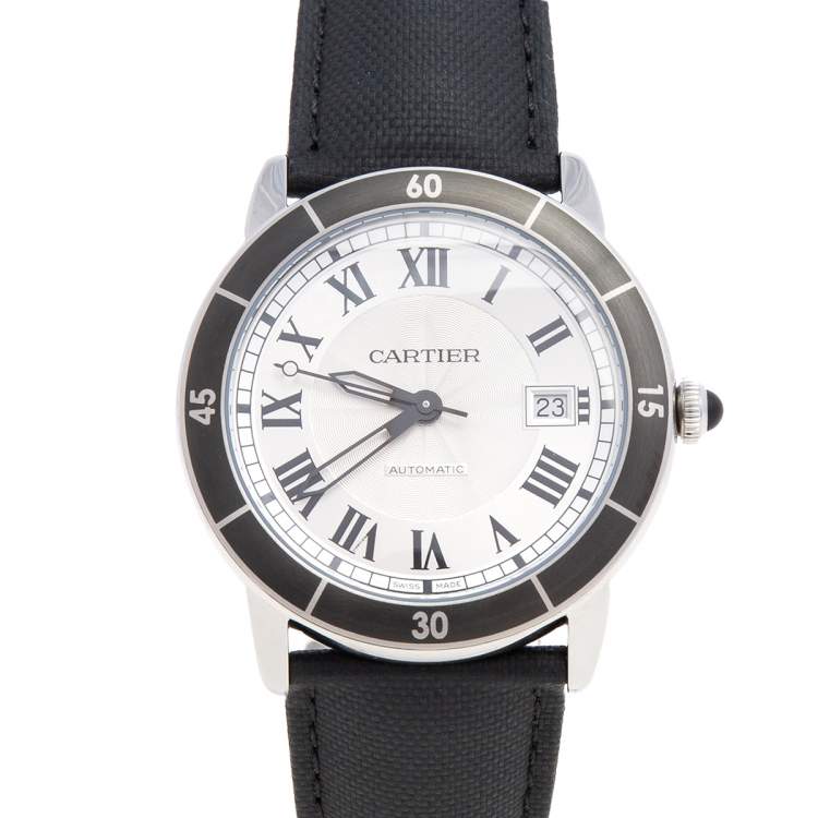 Pre Owned Cartier Silver Stainless Steel Leather Ronde Croisiere WSRN0002 Men's Wristwatch 42 mm
