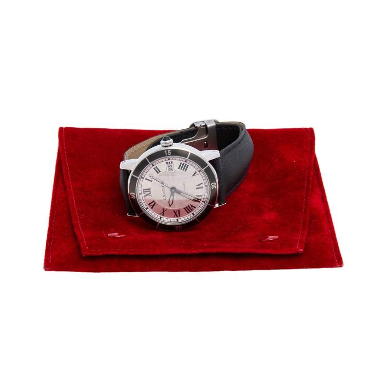 Pre Owned Cartier Silver Stainless Steel Leather Ronde Croisiere WSRN0002 Men's Wristwatch 42 mm