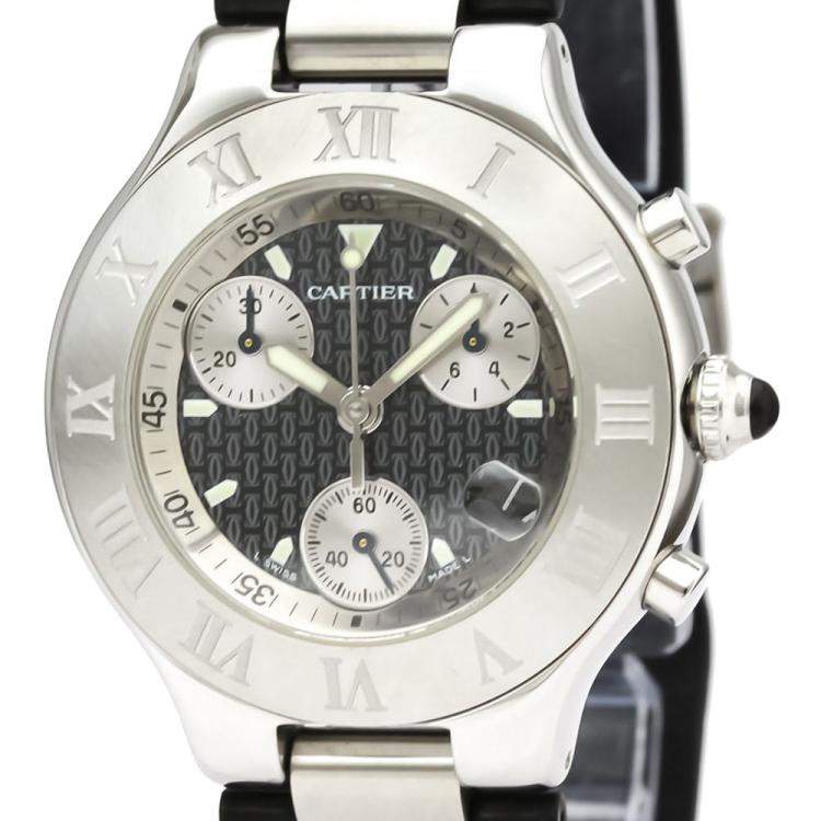 Pre Owned Cartier Black Stainless Steel Must 21 Chronoscaph W10125U2 Quartz Men's Wristwatch 38 MM