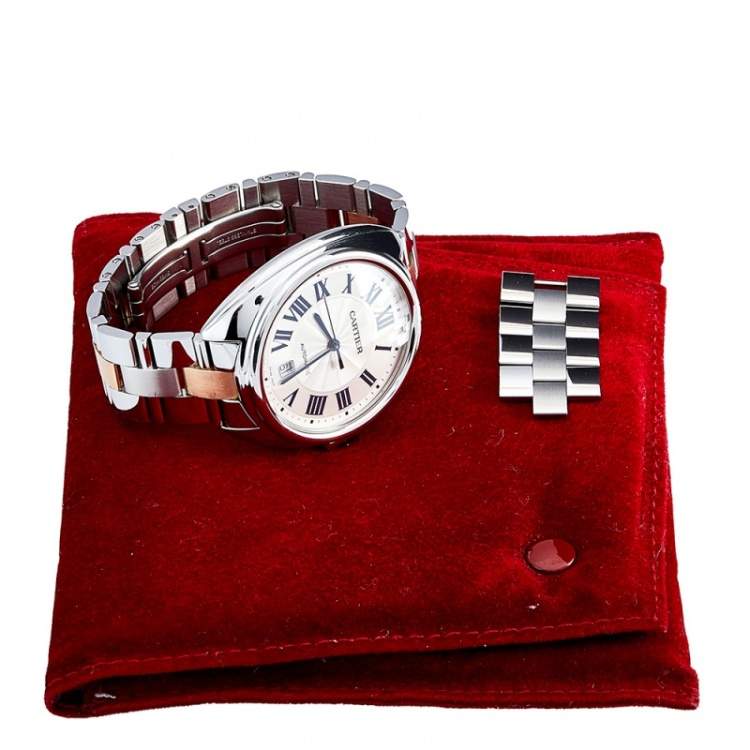 Pre Owned Cartier Silver 18K Rose Gold Stainless Steel Cle de Cartier W2CL0002 Women's Wristwatch 40 mm