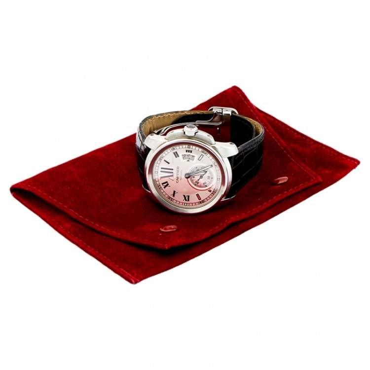 مملوكة مسبقًا Cartier Silver Stainless Steel Crocodile Calibre De Cartier 3299 Men's Wristwatch 42 mm
